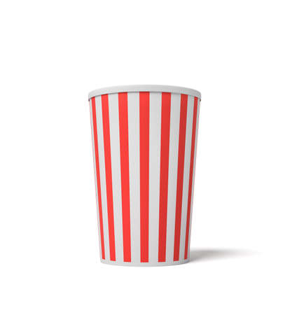 3d rendering of a small popcorn bucket with red and white stripes standing completely empty on a white background.の写真素材