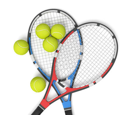 3d rendering of two tennis racquets of different colors with balls over them.の写真素材