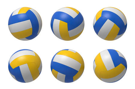 3d rendering of several colorful volleyball balls hanging on a white background.の写真素材
