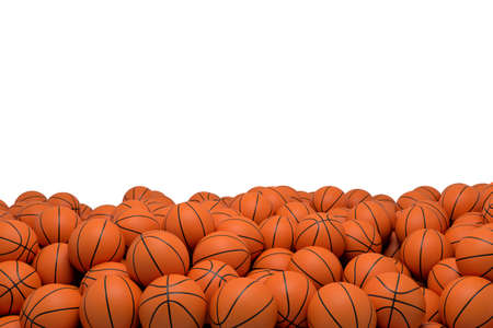 3d rendering of many basketball balls lying in a huge pile on a white background.の写真素材