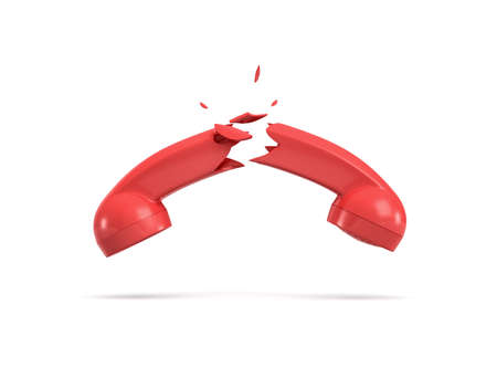 3d rendering of a red retro phone receiver broken in half on a white background.の写真素材