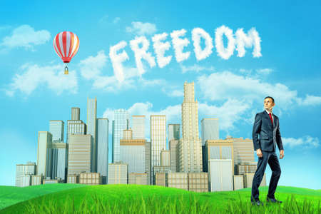 A businessman stands near a sunlit valley with several high buildings and a word Freedom made of the clouds.の写真素材