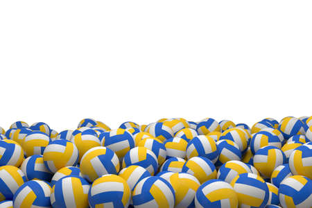 3d rendering of many colorful volleyball balls lying in a big pile on a white background.の写真素材