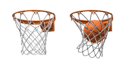 3d rendering of two basketball nets with orange hoops, one empty and one with a ball falling inside.の写真素材