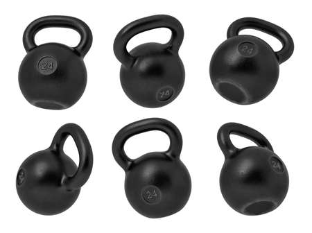 3d rendering of 24 kg several black iron kettlebells hanging at different angles on a white background.の写真素材
