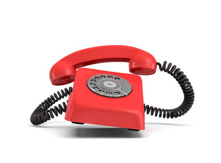 3d rendering of a red retro phone with a round rotary dial that rings with the phone itself and the handle lifted upの写真素材