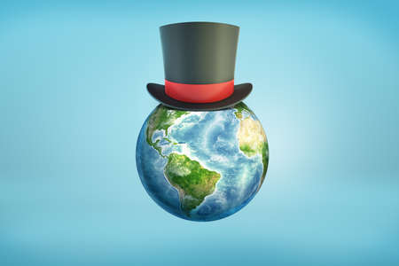 3d rendering of a Earth globe with a black magicians top hat sitting on its surface like on a head.の写真素材