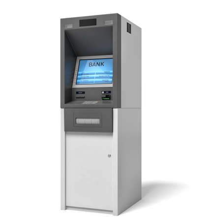 3d rendering of an isolated bank ATM machine with a lit blue screen on white background.の写真素材