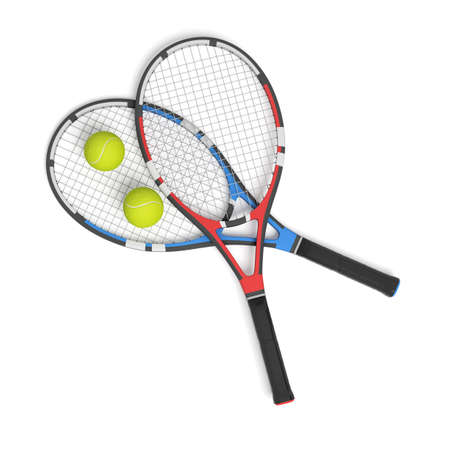 3d rendering of two tennis racquets of different colors with balls over them.の写真素材