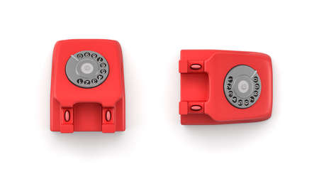3d rendering of two red retro rotary phones without receivers in a top view.の写真素材