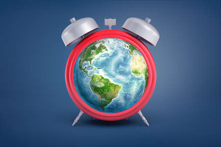 3d rendering of retro alarm clock with metal bells and an Earth globe instead of its face stands on...