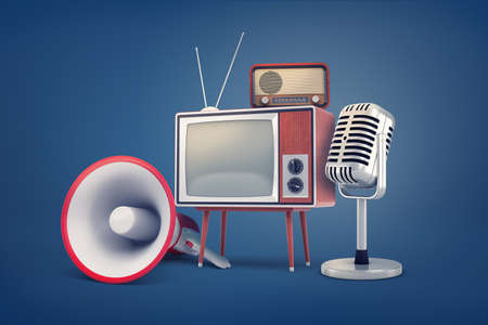 3d rendering of collection of several pieces of vintage equipment: a TV, a radio set, a microphone and a megaphone.の写真素材