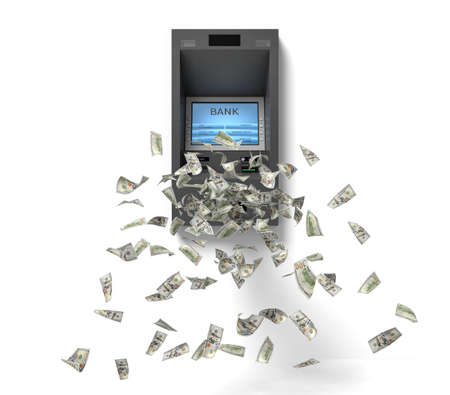 3d rendering of a wall bank ATM machine with green banknotes flying out of it.の写真素材