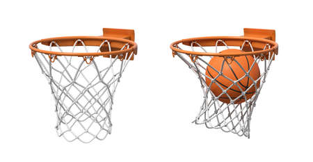 3d rendering of two basketball nets with orange hoops, one empty and one with a ball falling inside.の写真素材