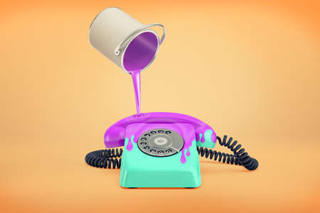 3d rendering of blue retro rotary phone stands on an orange background with purple paint leaking on it from a can.の写真素材