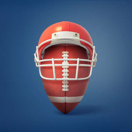 3d rendering of American football ball stands with a helmet pun over it like on a players head.の写真素材