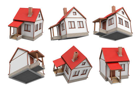3d rendering of several single storied houses with an attics hanging on a white background at different angles of view.の写真素材