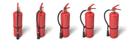 3d rendering of six red fire extinguishers standing on a white background in different angles.の写真素材