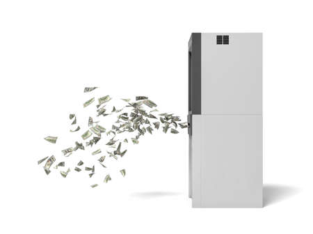 3d rendering of a bank ATM machine with green banknotes flying out of it.の写真素材