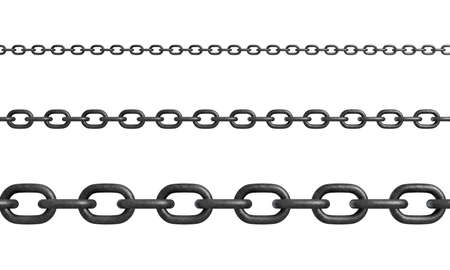 3d rendering of three horizontally placed metal chains of different size with strong links.の写真素材