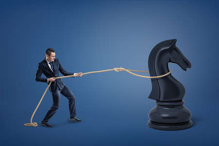 A small businessman catches a large black chess knight with a rope lasso.の写真素材