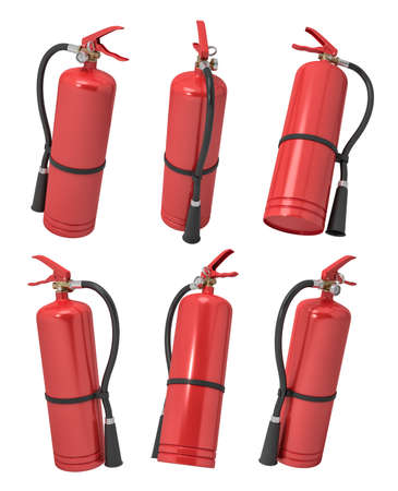 3d rendering of several red fire extinguishers shown from different angles on a white background.の写真素材