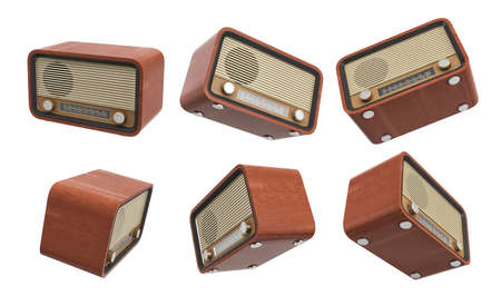 3d rendering of several retro analogue radio sets hanging on a white background.の写真素材
