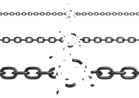 3d rendering of three parts of metal chains with different thickness broken in their centers.の写真素材
