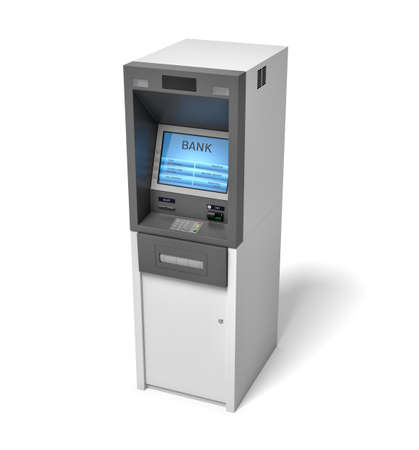 3d rendering of an isolated bank ATM machine with a lit blue screen on white background.の写真素材
