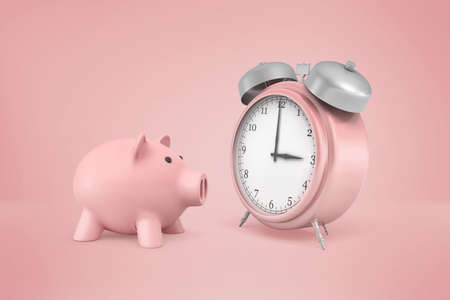 3d rendering of pink piggy bank stands near huge pink retro alarm clock on a pink background.の写真素材