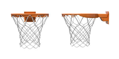 3d rendering of two basketball nets with orange hoops in front and side views.の写真素材