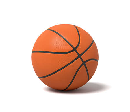 3d rendering of an orange basketball with black stripes standing on a white background.の写真素材