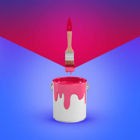 3d rendering of paintbrush drops some bright paint into a metal can while on a half-painted blue and...