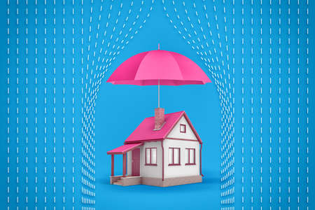 3d rendering of a small family house stands under a large open pink umbrella which protects the house from symbolic white rain dashes.の写真素材