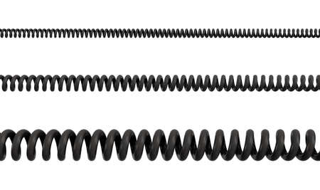 3d rendering of three differently sized spiral cables from black PVC on a white background.