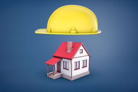 3d rendering of big yellow construction hardhat hovers above a small private family house with a red roof.の写真素材