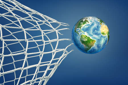 3d rendering of realistic ball colored like an Earth globe flies through a torn football net.