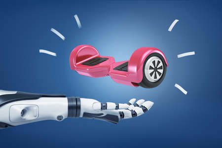 3d rendering of open robotic hand with a red self balancing board hovering above it.の写真素材