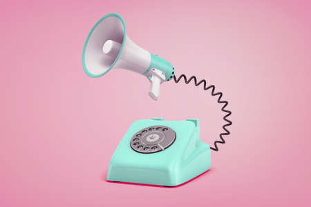 3d rendering of turquoise retro phone with a dial stands on a pink background connected to a megaphone by a black cord.の写真素材