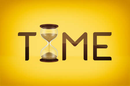 3d rendering of yellow background with the word TIME where a hourglass serves as one of the letters.