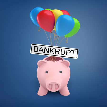 3d rendering of a broken piggy bank and a pack of air balloons with a Bankrupt sign.の写真素材