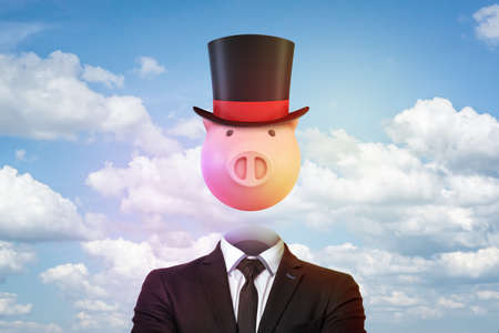 3d rendering serving as head between a businessman suit and a magicians hat.の写真素材