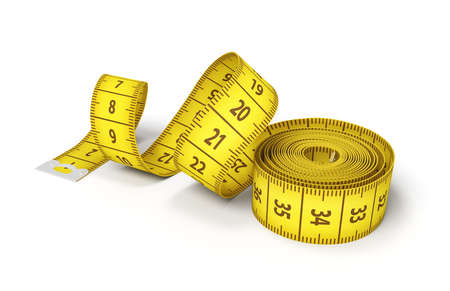 3d rendering of a roll of a yellow measuring tape starting to unroll on a white background.