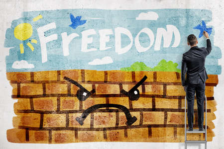 A back view of a businessman painting a beautiful sunny day on a brick wall with the word freedom against the sky.の写真素材