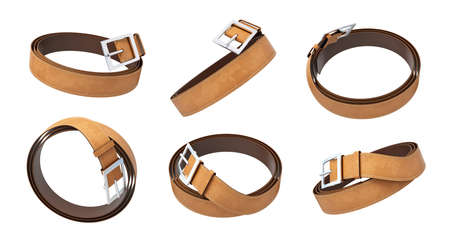 3d rendering several isolated brown leather belts rolled and with fastened buckles, on a white background.の写真素材