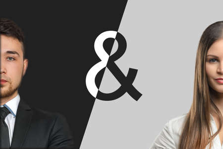 A businessman and a businesswoman on a contrast background of opposite black and white colors.