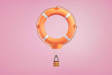 3d rendering of a large orange life buoy flying like a hot air balloon on a pink background.
