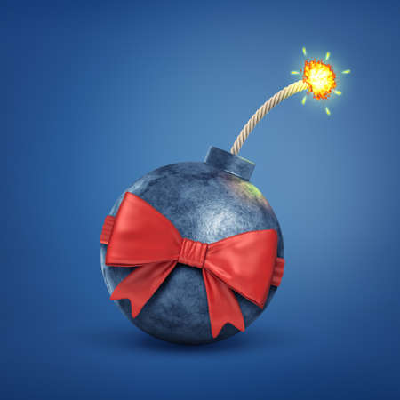 3d rendering of black burning bomb with red bow on blue backgroundの写真素材