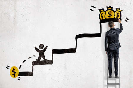 A businessman on a ladder draws a staircase with a man running for a coin instead of for several...