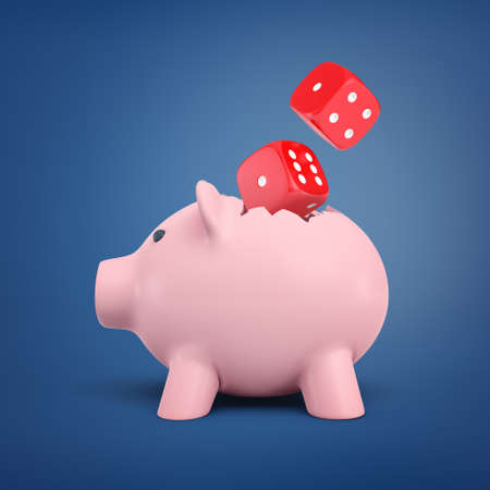 3d rendering of pink piggy bank with a pair of red solid dice on blue backgroundの写真素材